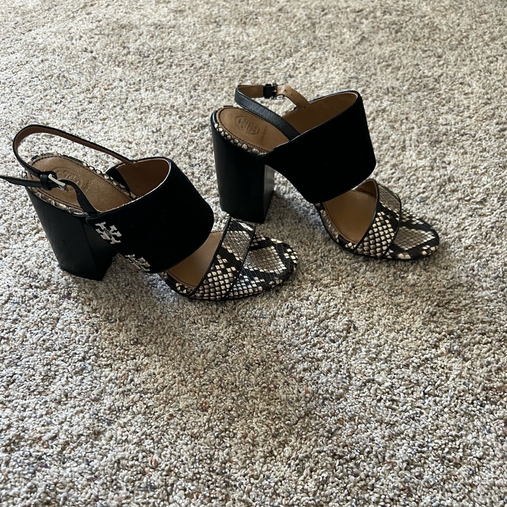 Chic Black and Snake Skin Print Block Heel Sandals